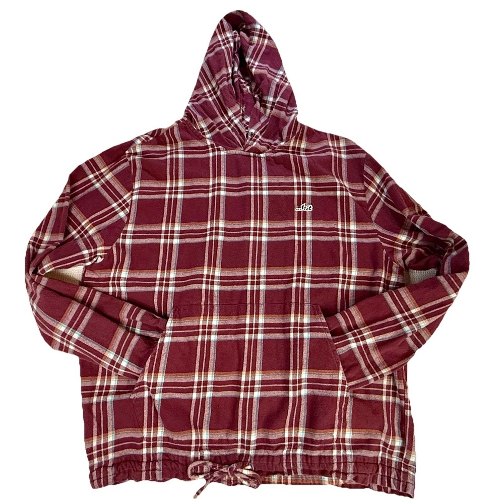 Lost Plaid Flannel Hoodie L Burgundy‎ Cotton Pullover Skate Streetwear